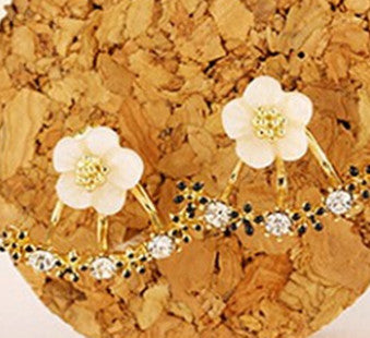Gold White Daisy Flower CZ Crystal Rhinestone Jacket Earrings