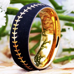 Men's 8mm Baseball Stitch Black and Gold Inner Tungsten Carbide Ring