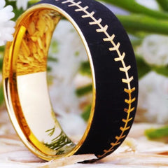 Men's 8mm Baseball Stitch Black and Gold Inner Tungsten Carbide Ring