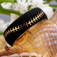 Men's 8mm Baseball Stitch Black and Gold Inner Tungsten Carbide Ring