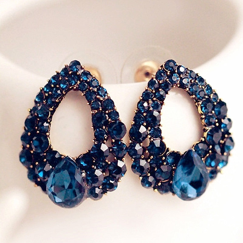 Elegant Blue Ocean Post Tear Drop Rhinestone Earrings