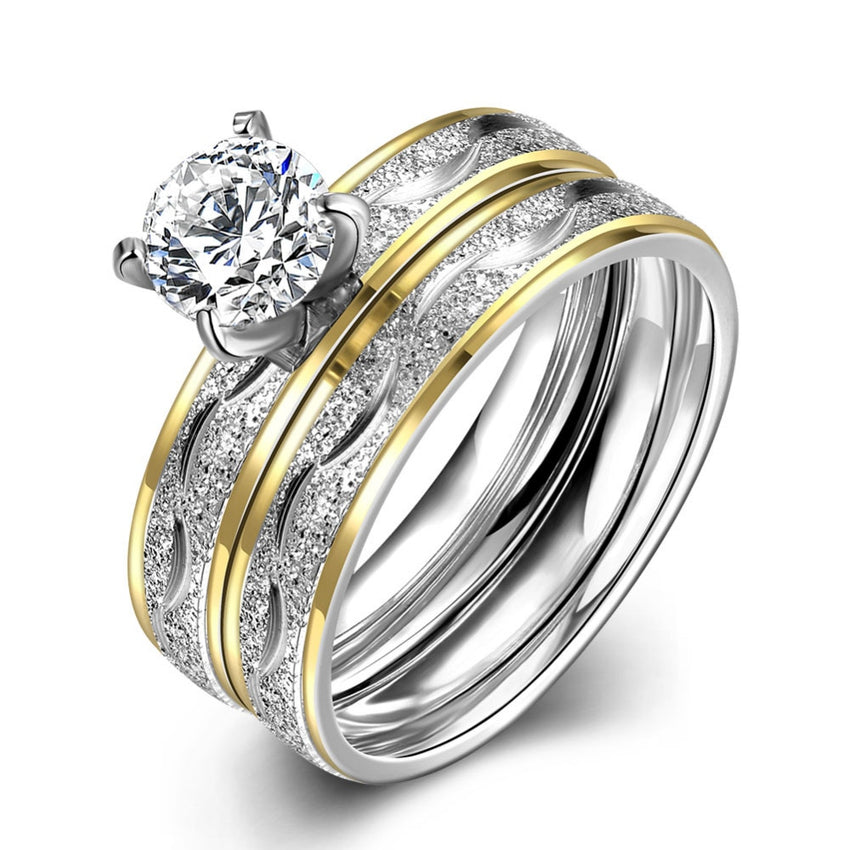 Women's Dual Band Prong Set CZ Gold Plated Titanium Ring