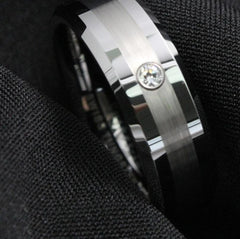 Men's 8mm Brushed Single CZ Inlay Polished Silver Tungsten Carbide Ring