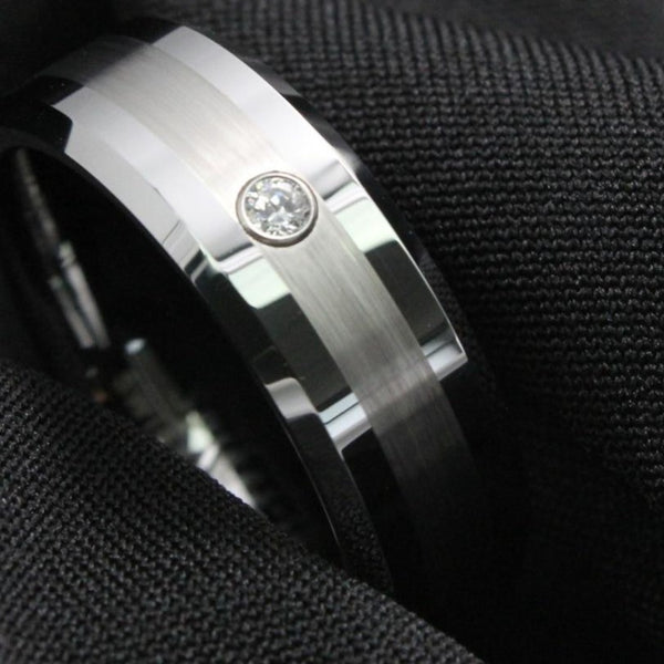 Men's 8mm Brushed Single CZ Inlay Polished Silver Tungsten Carbide Ring