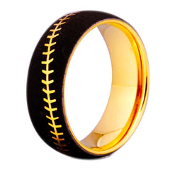 Men's 8mm Baseball Stitch Black and Gold Inner Tungsten Carbide Ring