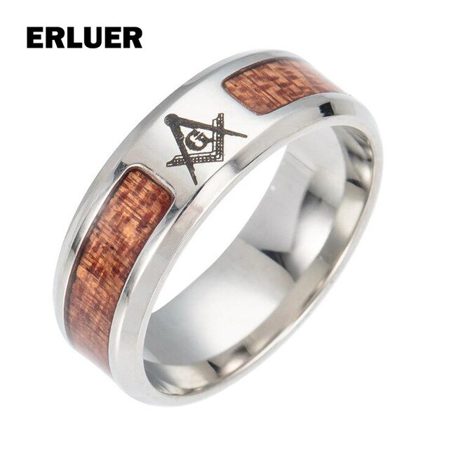 Unisex  European Stainless Steel Wood Masonic Band Ring