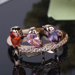 Women's Three Perched Birds CZ Rose Gold Plated Ring