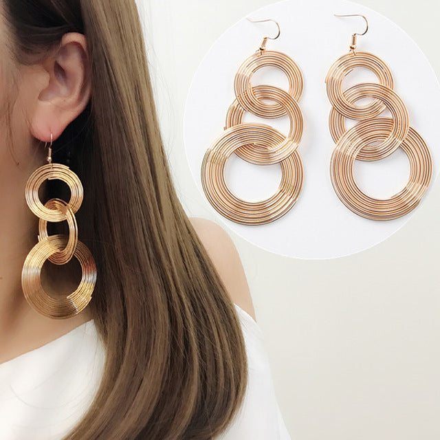 Large Golden Layered Drop Hoop Earrings