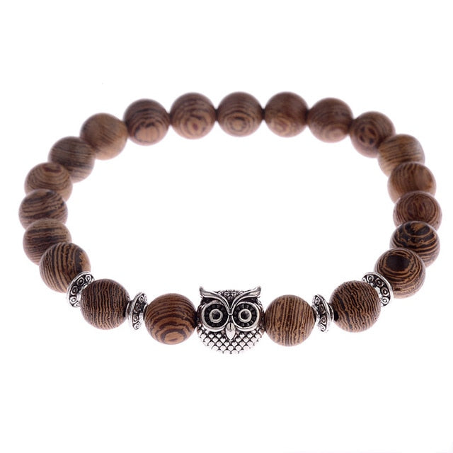 Wooden Bead and Owl Charm Beaded Bracelet