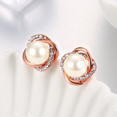 Rose Gold CZ and Simulated Pearl Knot Stud Earrings