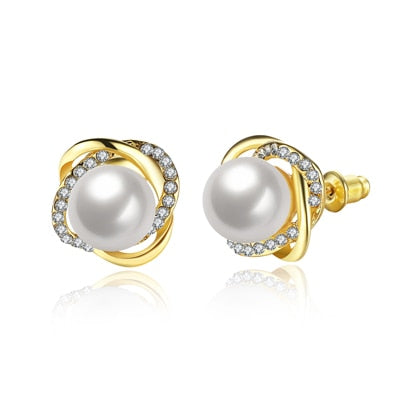 Rose Gold CZ and Simulated Pearl Knot Stud Earrings