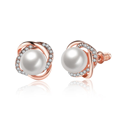 Rose Gold CZ and Simulated Pearl Knot Stud Earrings