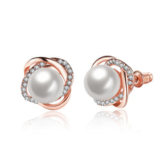 Rose Gold CZ and Simulated Pearl Knot Stud Earrings