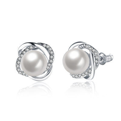 Rose Gold CZ and Simulated Pearl Knot Stud Earrings