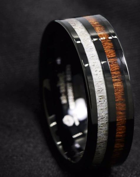 Men's 8mm Koa Wood  and Rock Inlay Black Tungsten Carbide Ring