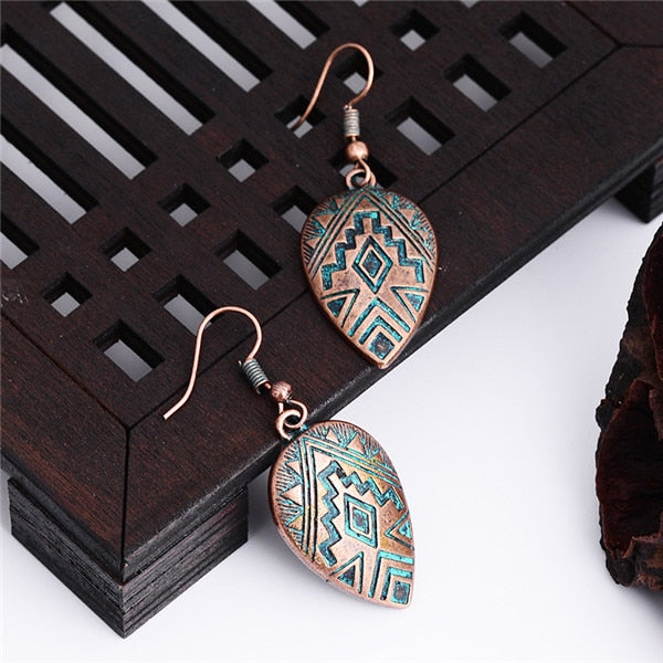 Native American Pattern Teal and Bronze Tear Drop Earrings