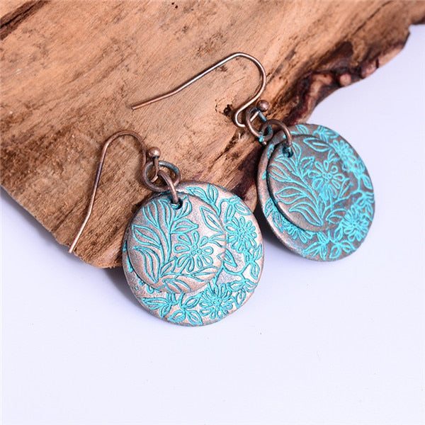 Antique Teal and Bronze Coin Flower Etched Earrings