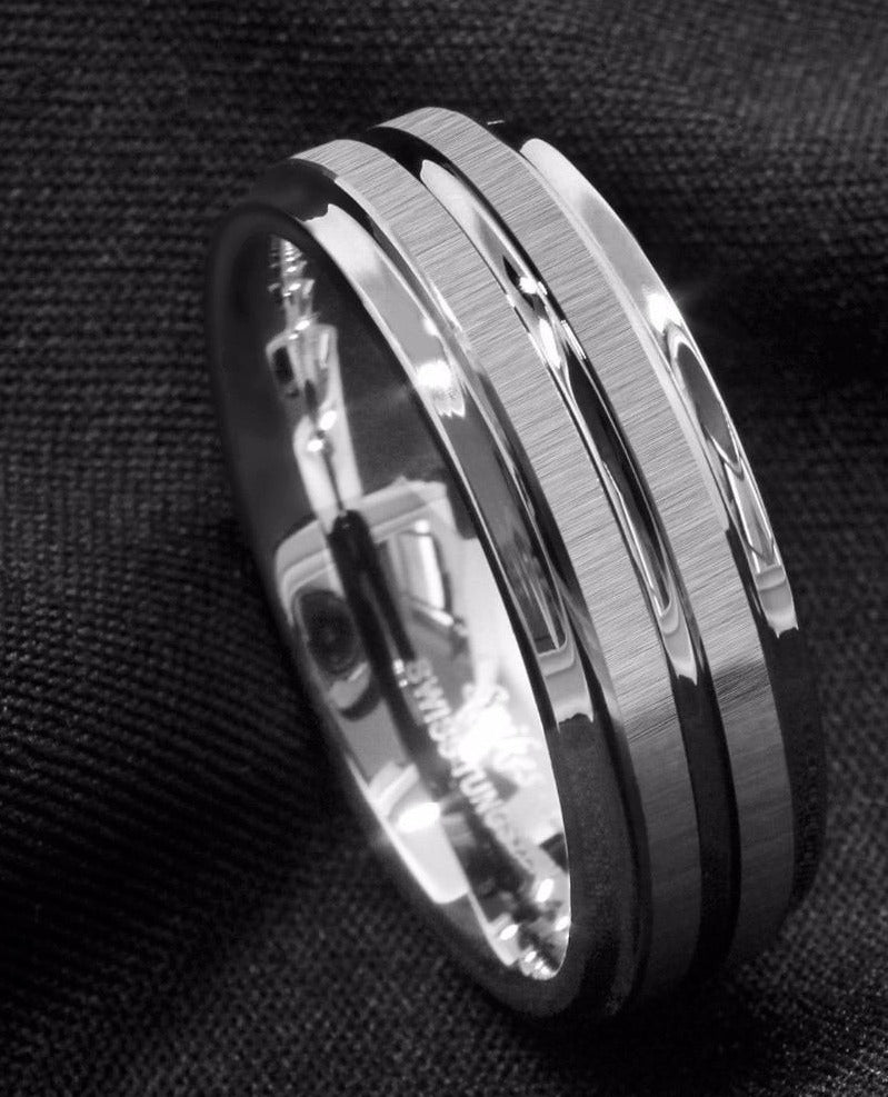 Men's 8mm Silver Barrel Meteorite Tungsten Carbide Ring