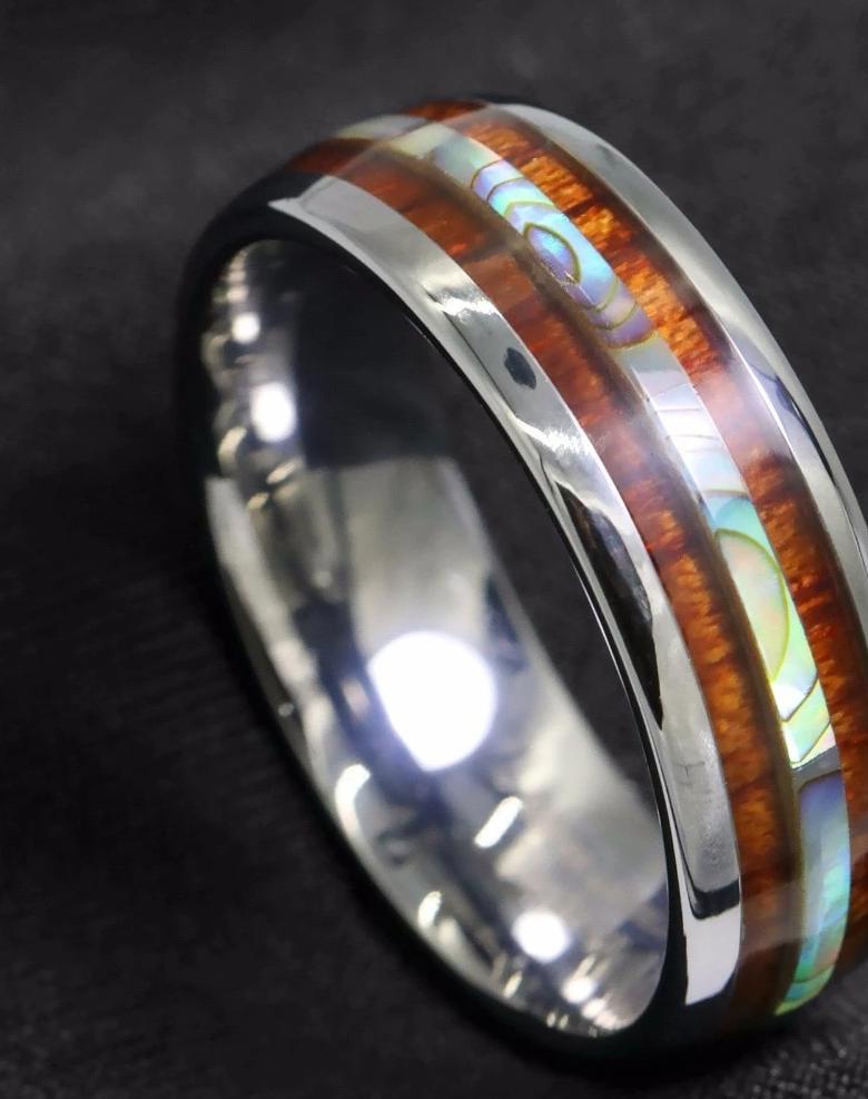 Men's 8mm Koa Wood Abalone Polished Silver Tungsten Carbide Ring