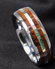 Men's 8mm Koa Wood Abalone Polished Silver Tungsten Carbide Ring