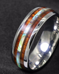 Men's 8mm Koa Wood Abalone Polished Silver Tungsten Carbide Ring