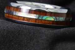 Men's 8mm Koa Wood Abalone Polished Silver Tungsten Carbide Ring