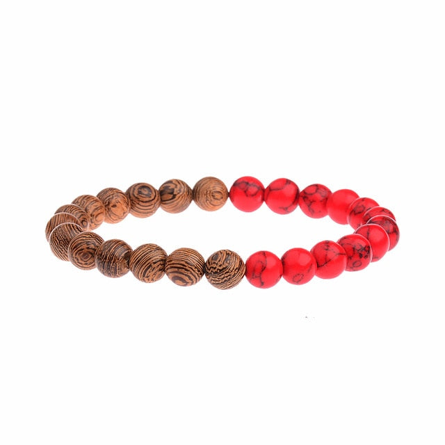 Wood And Red Bead Stretch Bracelet