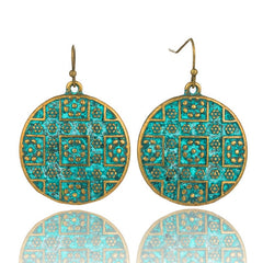 Antique Brass Copper Teal Round Dangle Drop Earrings