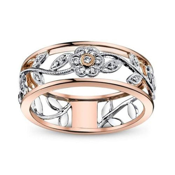 Women's Hollow Band Vintage Floral Pattern Rose Gold and Silver Plated CZ Ring