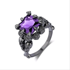 Women's Retro Gothic Skull Gunmetal Claw Set CZ Crystal Ring