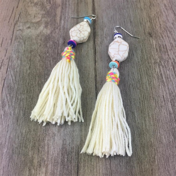 Summer Colorful Bohemian Fringe Tassel And Stone Drop Earrings