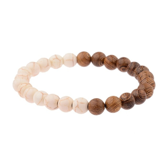 Wood And White Marble Bead Stretch Bracelet