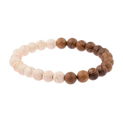 Wood And White Marble Bead Stretch Bracelet