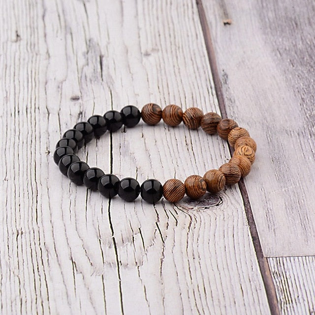 Wood And Black Bead Stretch Bracelet