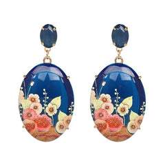 Navy Acrylic Painted Flower Drop Earrings