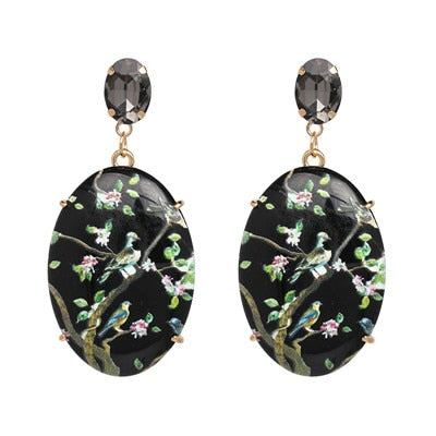 Black Acrylic Flower and Bird Painted Drop Earrings