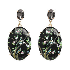 Black Acrylic Flower and Bird Painted Drop Earrings