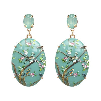 Teal Acrylic Flower and Bird Painted Drop Earrings