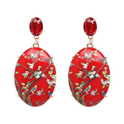 Red Acrylic Flower and Bird Painted Drop Earrings