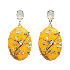 Yellow Acrylic Flower and Bird Painted Earrings