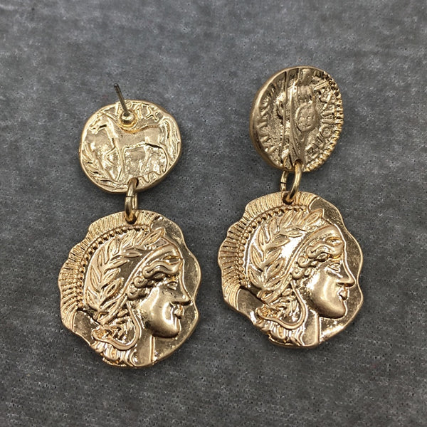 Golden Greek Coin Drop Post Earrings