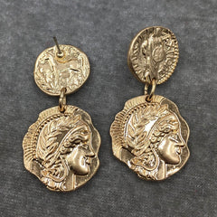 Golden Greek Coin Drop Post Earrings