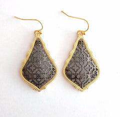 Filigree Tear Drop Bohemian Black And Gold Earrings