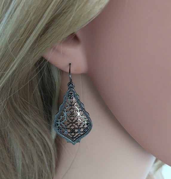 Filigree Tear Drop Bohemian Black And Gold Earrings