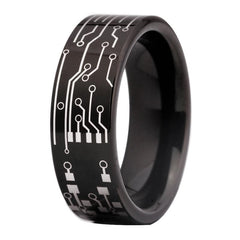 Men's 8mm Engraved Circuit Board Black Tungsten Carbide Ring