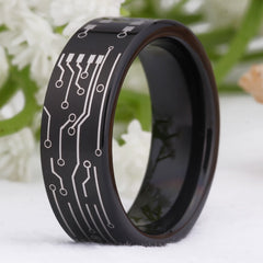 Men's 8mm Engraved Circuit Board Black Tungsten Carbide Ring