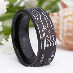 Men's 8mm Engraved Circuit Board Black Tungsten Carbide Ring