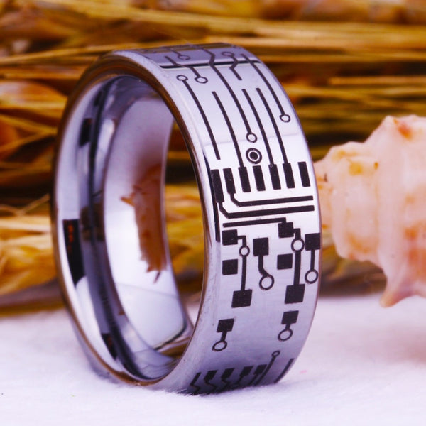 Men's 8mm Etched Circuit Board Polished Silver Tungsten Carbide Ring