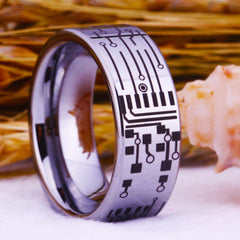 Men's 8mm Etched Circuit Board Polished Silver Tungsten Carbide Ring