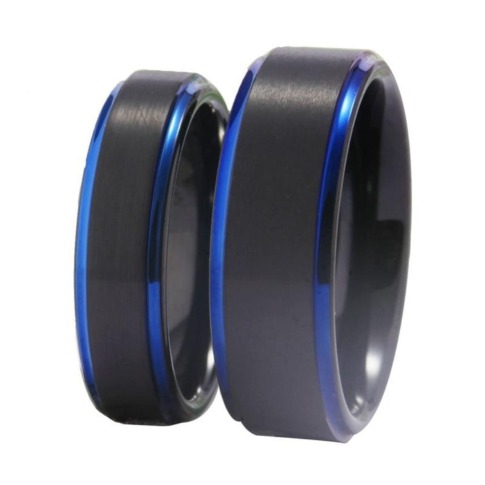 Couple's Matching Set of 6mm and 8mm Black and Blue Bevel Tungsten Carbide Rings